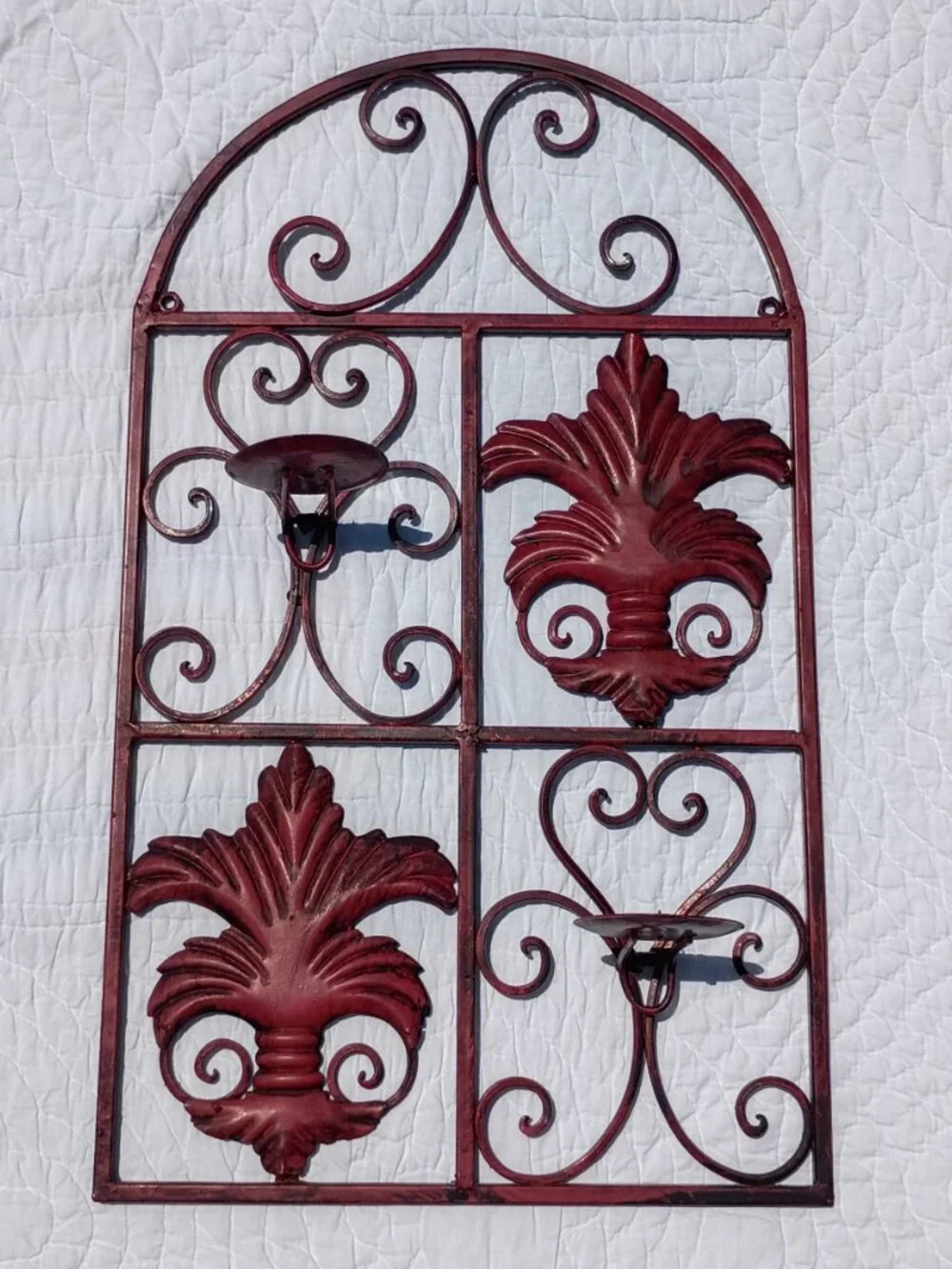 Metal Fleur De Lis Wall Candle Holder Sconce Tuscan Rustic Red Arch Decor 27x16